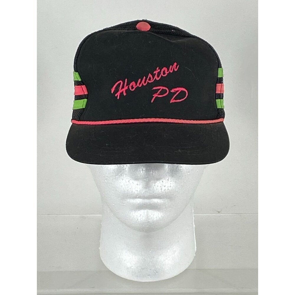 Vintage Yupoong Houston PD Green & Pink Stripe Trucker Mesh Snapback Cap OS F240